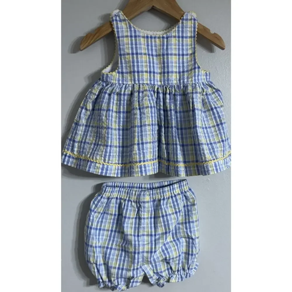 Welcome Home Baby Girl Dress Bloomers Set Size 3/6 Months Seersucker Sleeveless